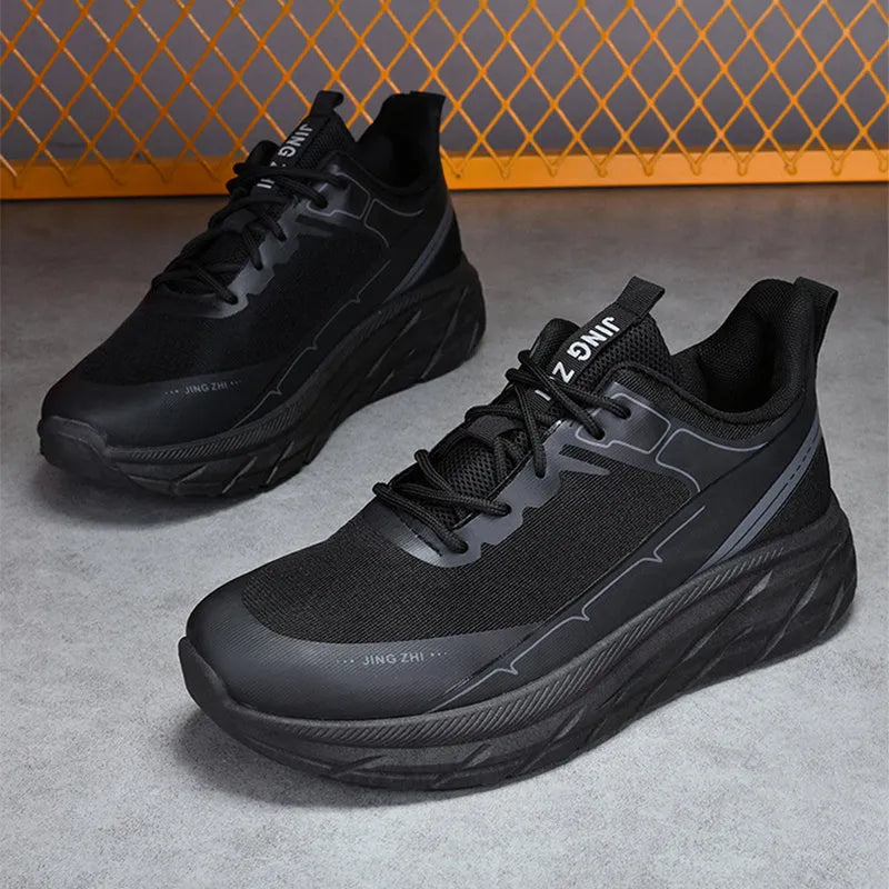 Men's thick-soled anti-skid lace-up casual sneakers in black with rubber sole and PU upper