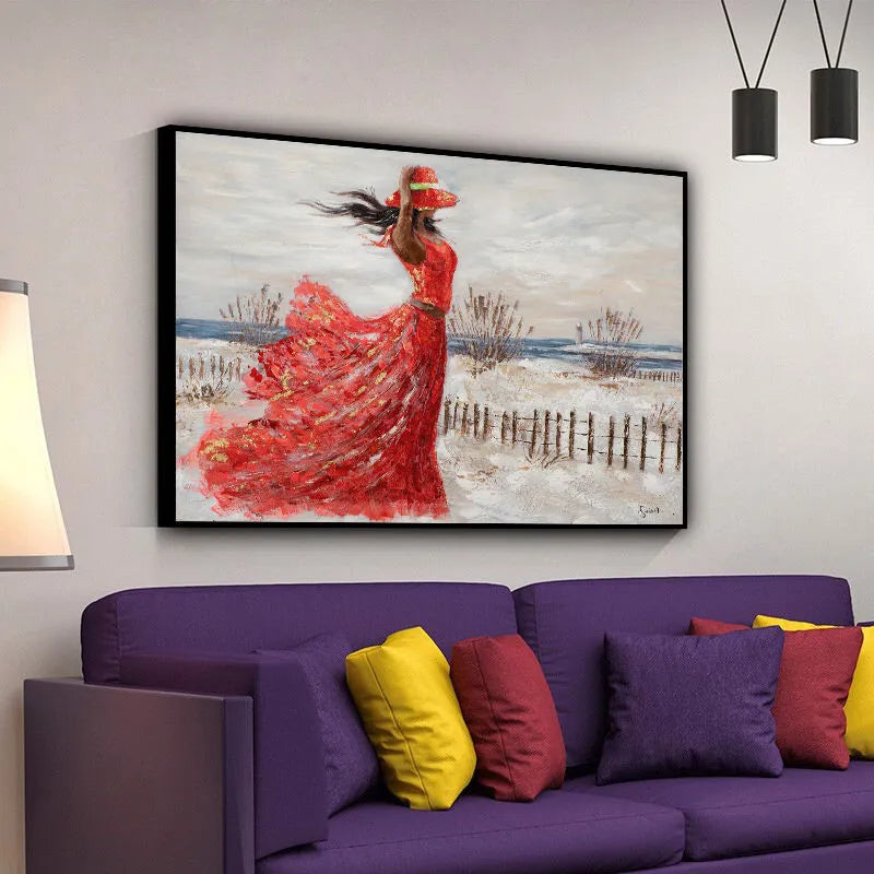 Hand-painted oil painting on canvas of a girl in a red dress, seaside abstract people design, rolled and unframed wall art.