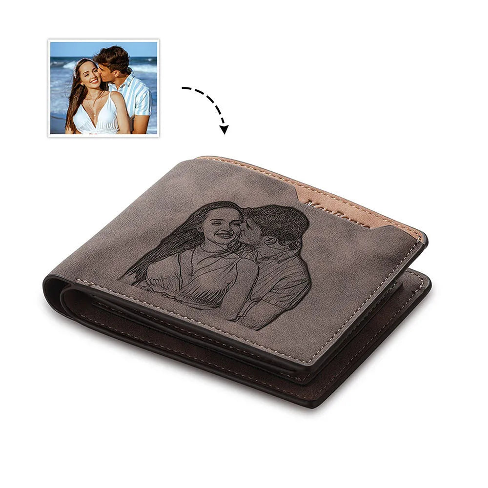 Coffee coloured horizontal short wallet with custom photo engraving and text personalisation.