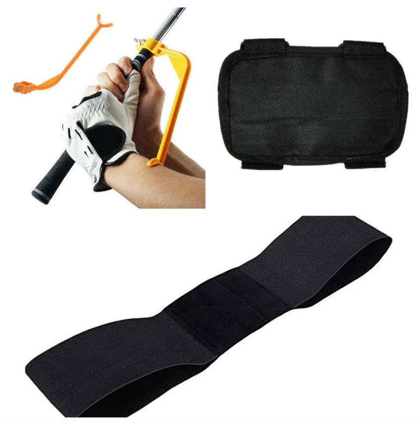 Black golf hand movement correction belt, elastic band, 80x350mm, portable training aid for golf swing practice.