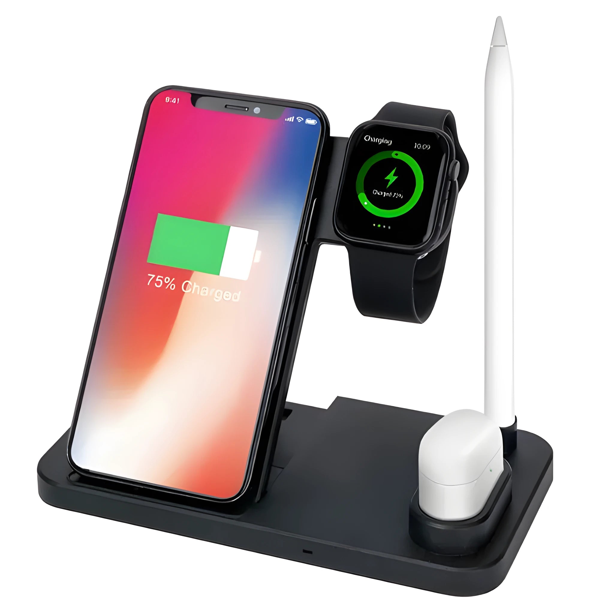 Black 4-in-1 wireless charging dock with phone on adjustable stand, Apple Watch and AirPods on charging modules