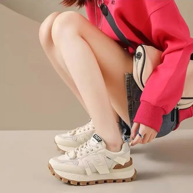 Women's low top round toe platform sneaker in beige with front lace-up closure and non-slip sole