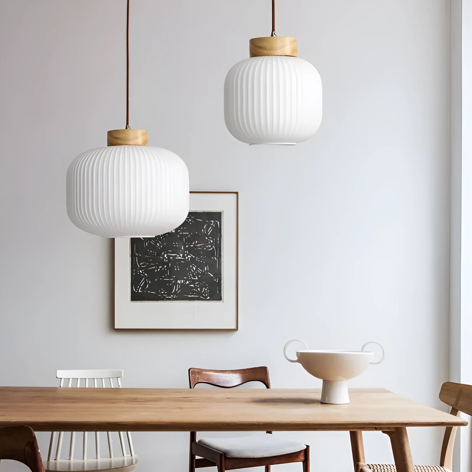 Retro Nordic style wooden pendant light with three size options and neutral, warm, or white light colours