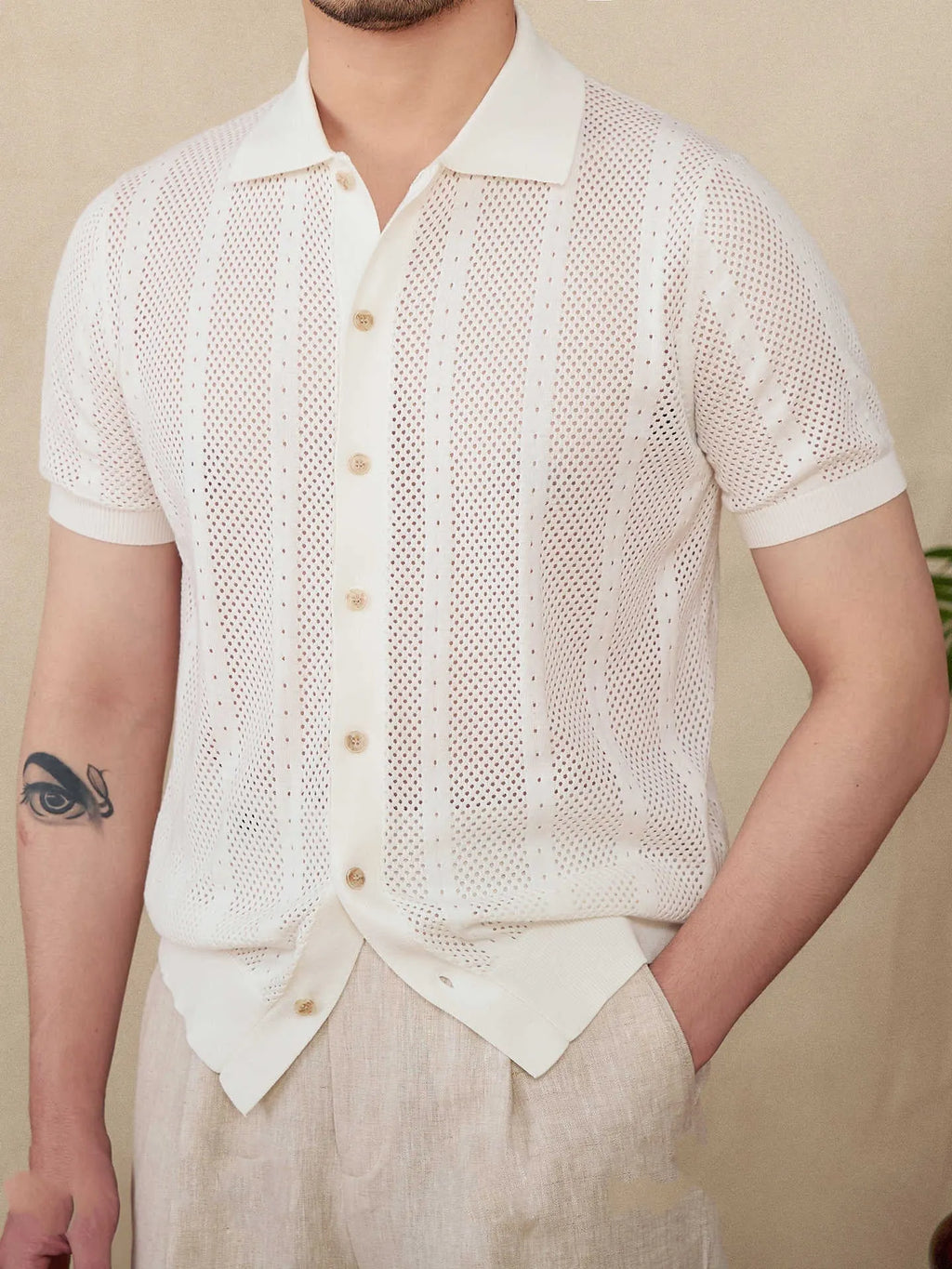 Men's short sleeve lapel cardigan in striped cotton knit fabric shown in creamy-white colour