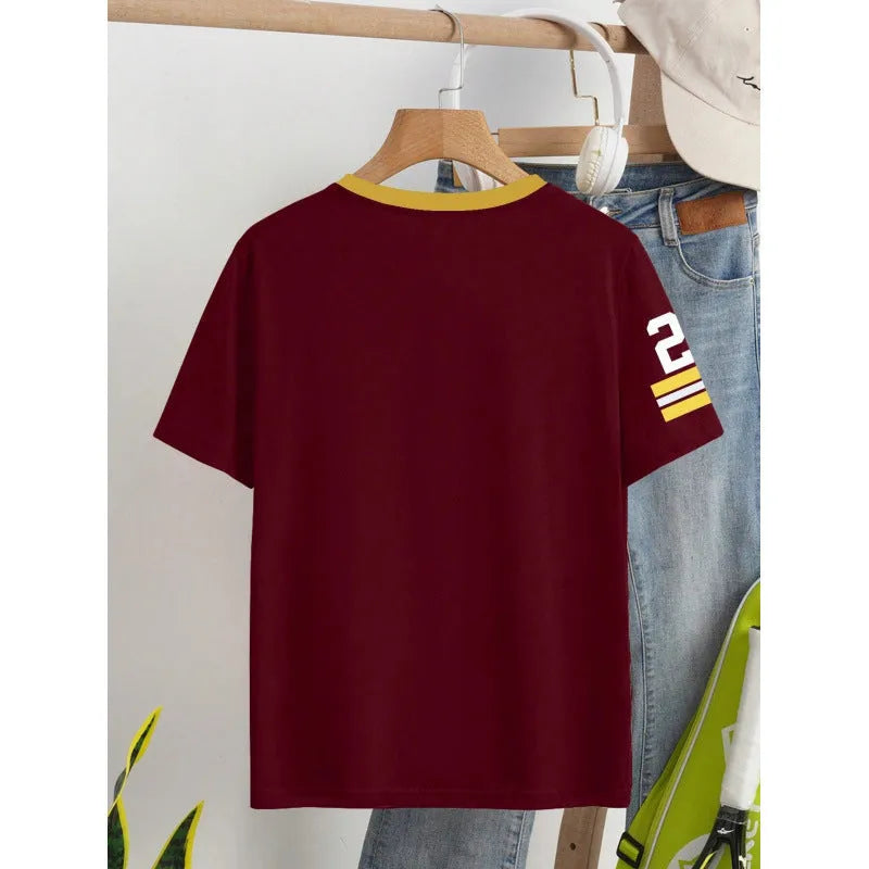 Red cotton t-shirt with digital printing letter design, loose casual style
