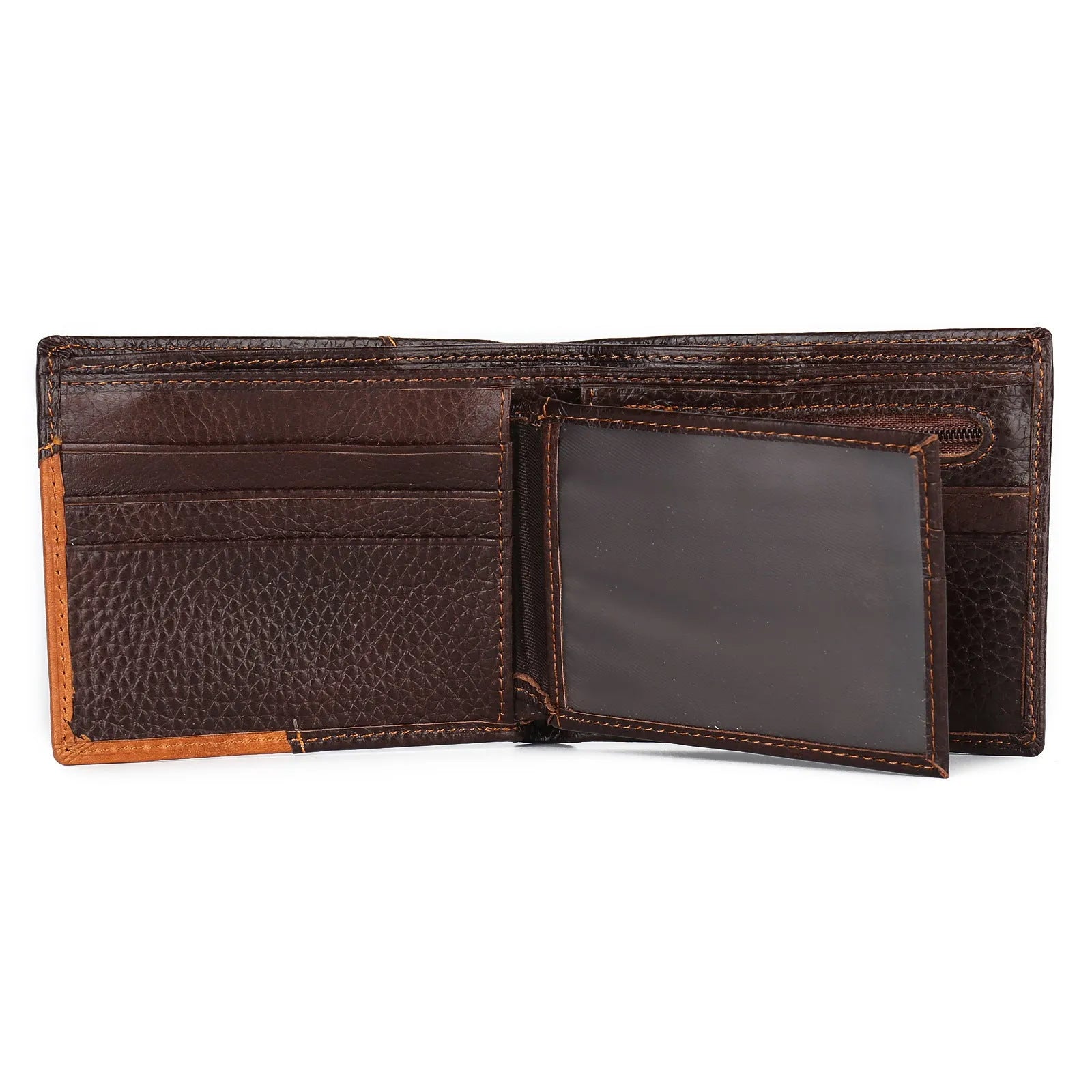 Brown leather tri-fold wallet with card slots, bill holder and zip compartment