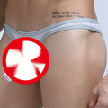 Men's white Ice Silk small briefs laid flat, showing the close-fit design and elasticated waistband.