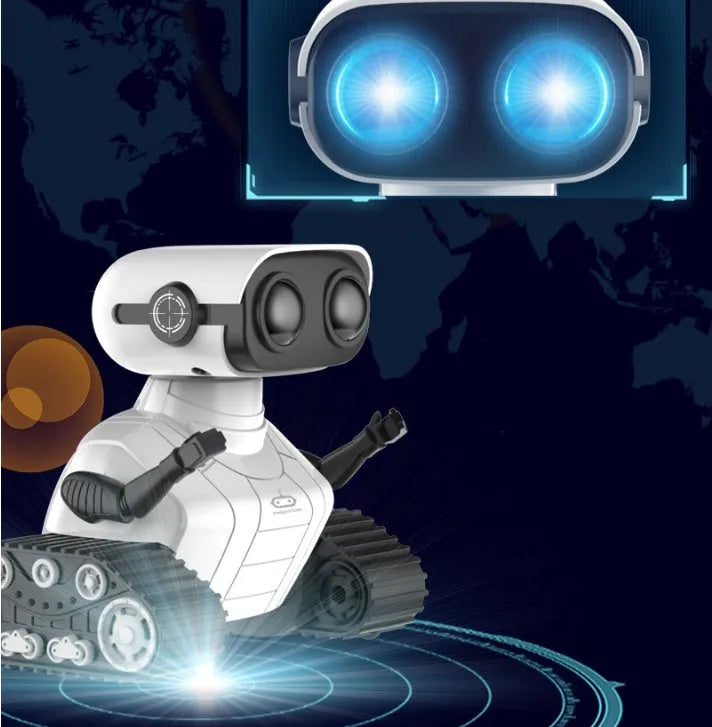 White plastic USB rechargeable remote control robot toy for children with handle remote, sound and light dancing, ages 7-14