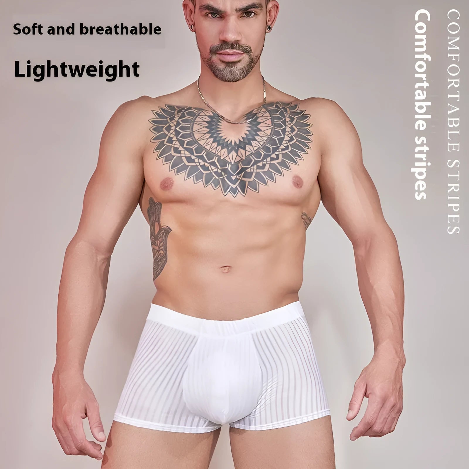 Men's striped underwear in thin transparent nylon fabric, shown in black, white, and dark grey colours.