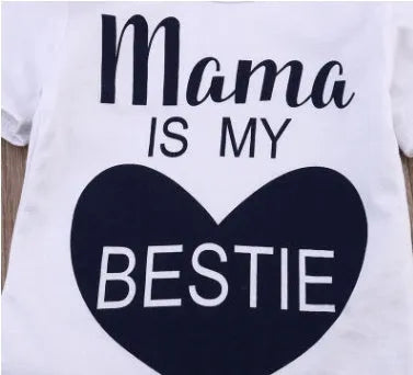 White cotton baby romper with Mama is my BESTIE print, short sleeves, sizes 70cm to 100cm