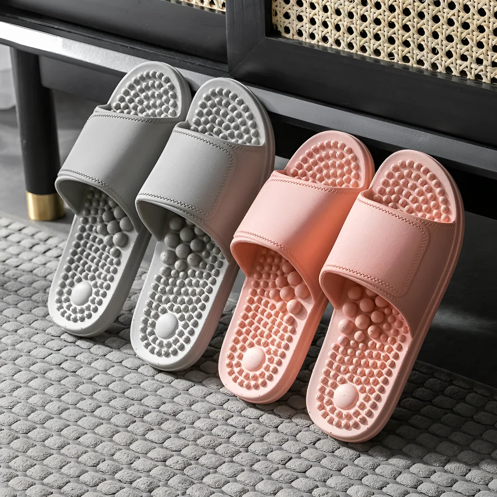 Non-slip soft bottom PVC slippers with massage nubs, available in multiple colours for men and women