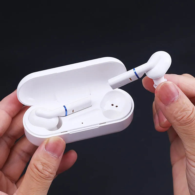 Black and white Bluetooth wireless earphones with charging case showing V5.0 technology