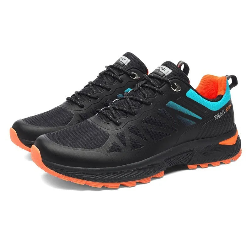 Men's black breathable mesh running shoes with lace-up front and flat heel on a neutral background.