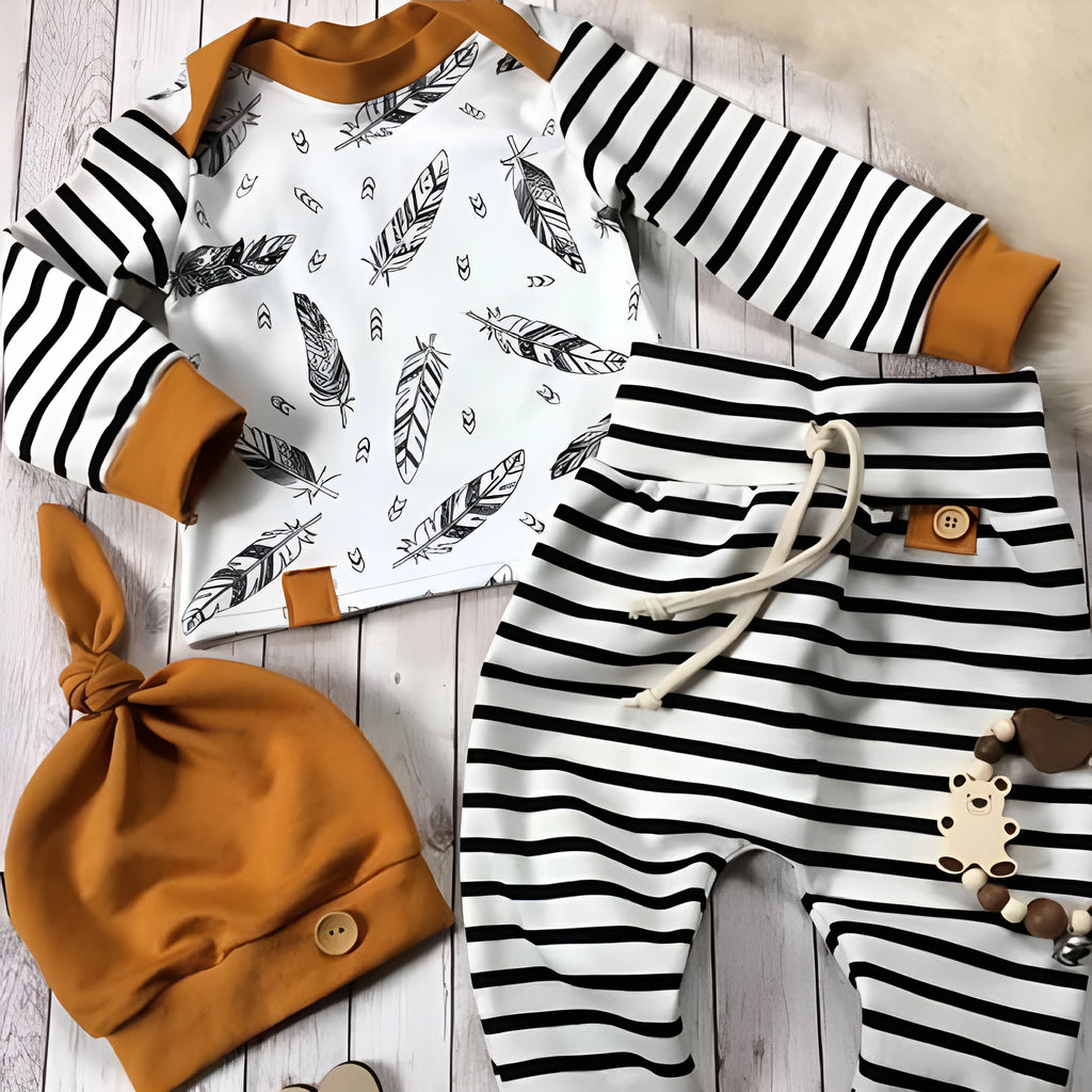 Children's striped cotton three-piece set with hat, top, and pants in Mibaise colour