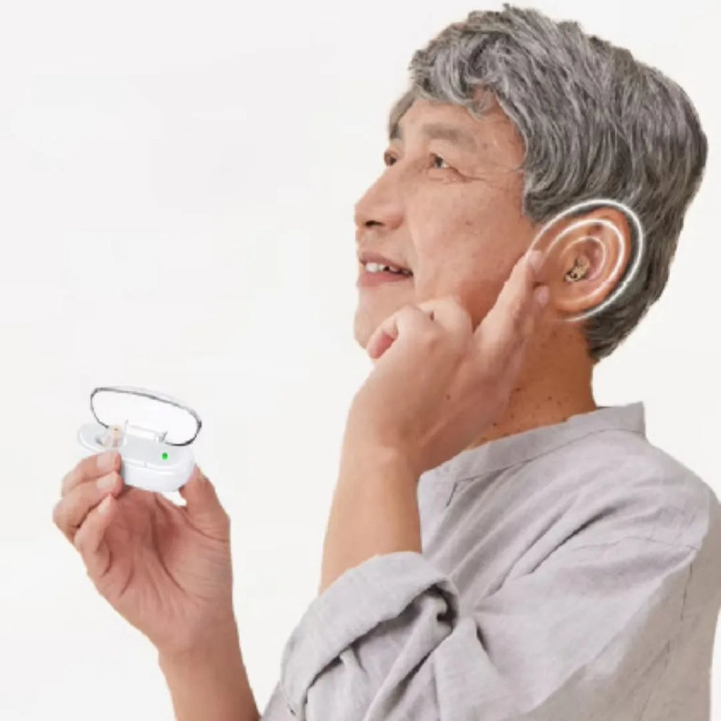 Invisible in-ear hearing aid with intelligent noise reduction, USB rechargeable, over 12 hours battery life