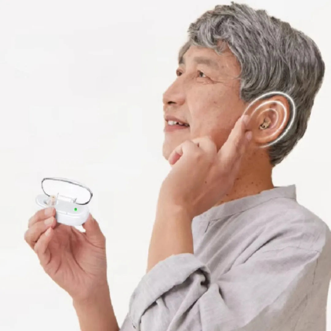 Invisible in-ear hearing aid with intelligent noise reduction, USB rechargeable, over 12 hours battery life