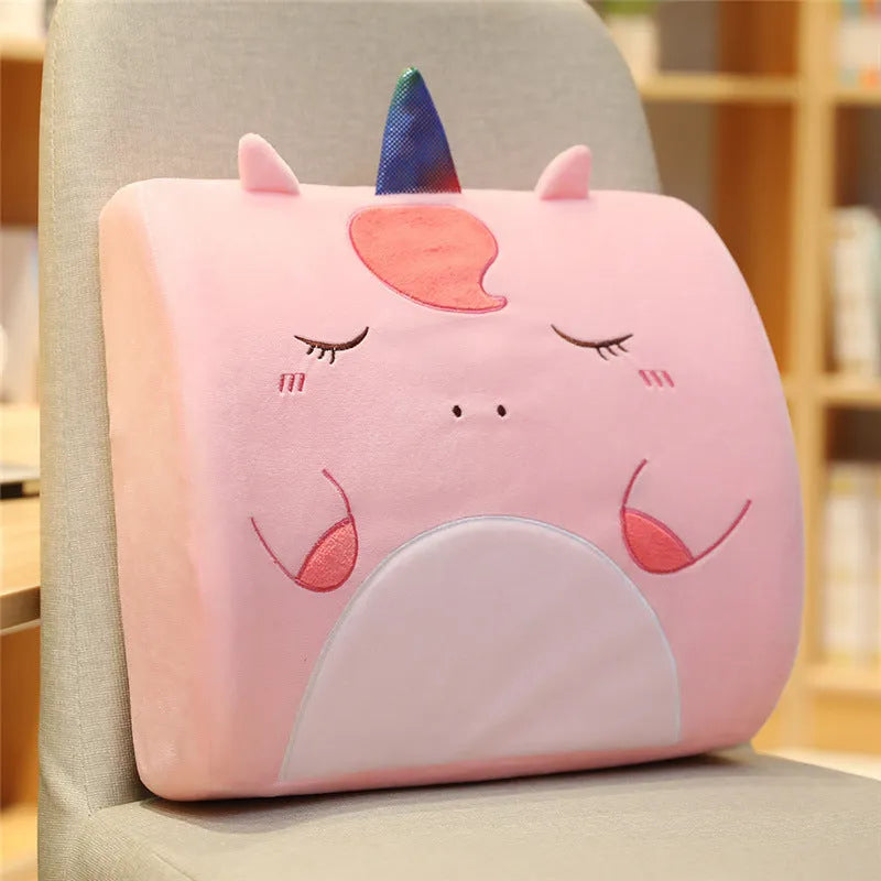 Cartoon embroidered memory foam cushion for car seat, showing removable inner core and soft polyester fill.