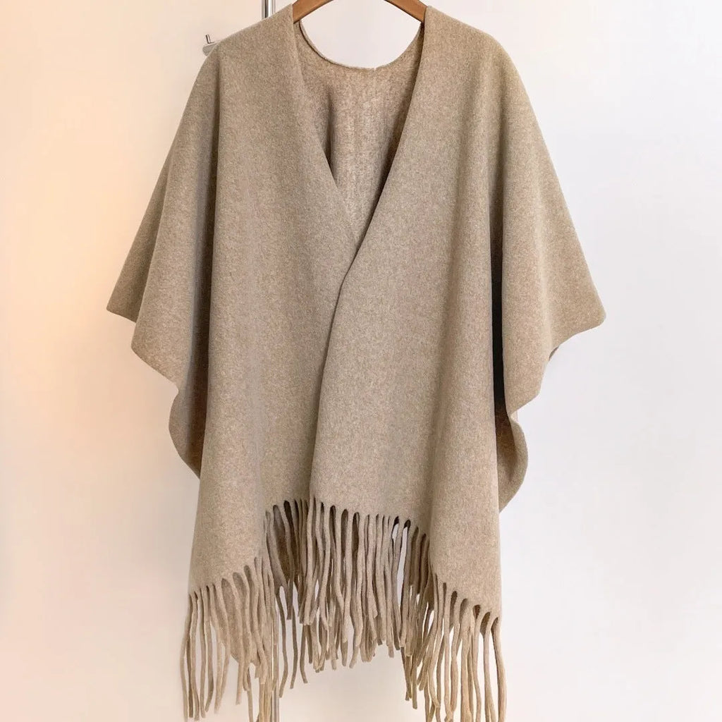 Solid colour jacquard imitation cashmere cloak robe in khaki light, 170x110cm warm outerwear