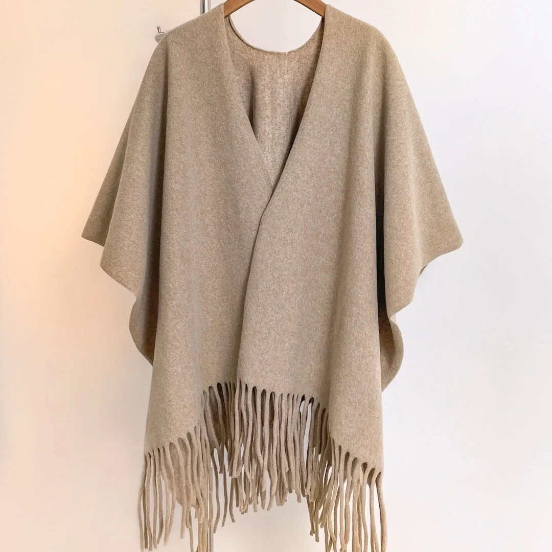 Solid colour jacquard imitation cashmere cloak robe in khaki light, 170x110cm warm outerwear