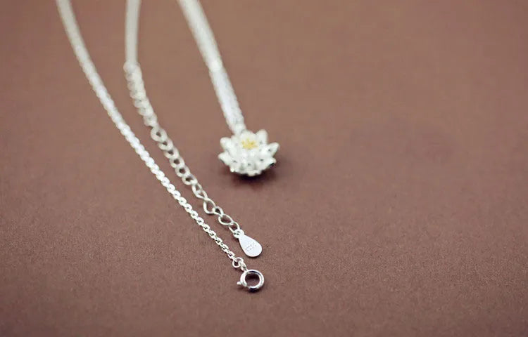 S925 sterling silver lotus pendant necklace for women with O-ring chain