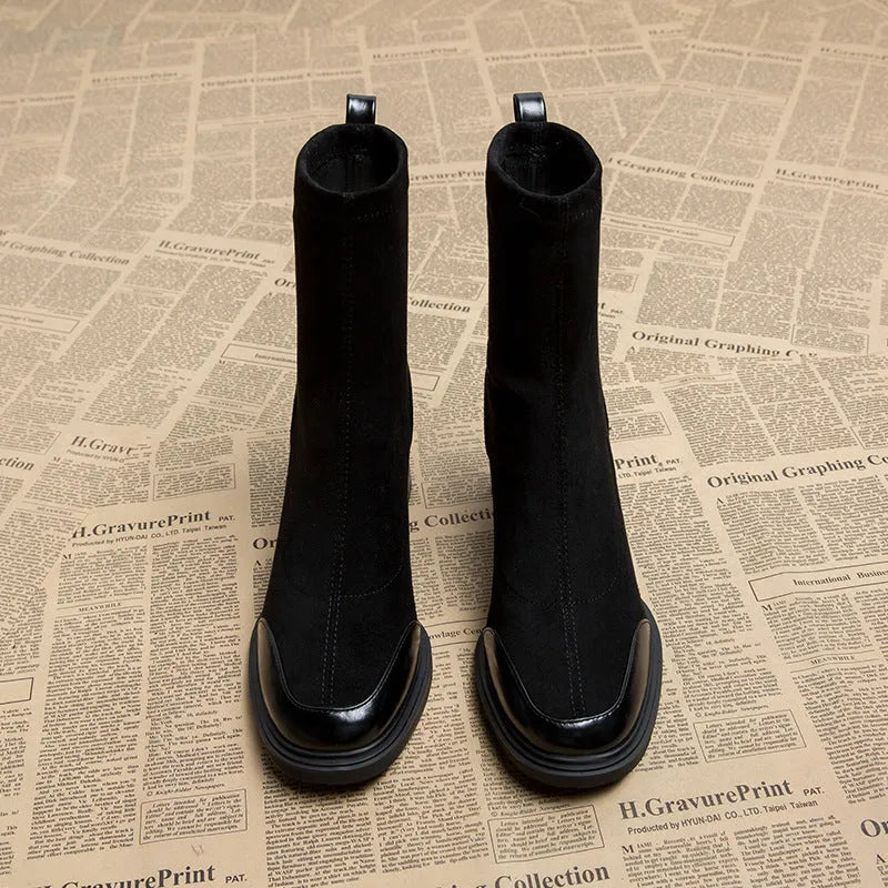 Black cowhide women's short Martin boots with 6-8cm high heel, rubber sole, low tube, single or fleece lining