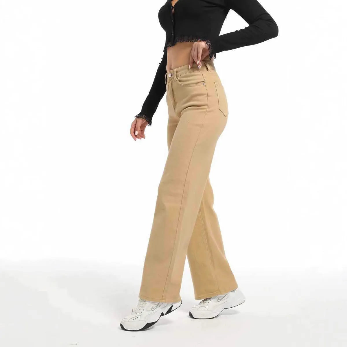 Women's apricot straight-leg wide trousers with a high waist on a hanger.