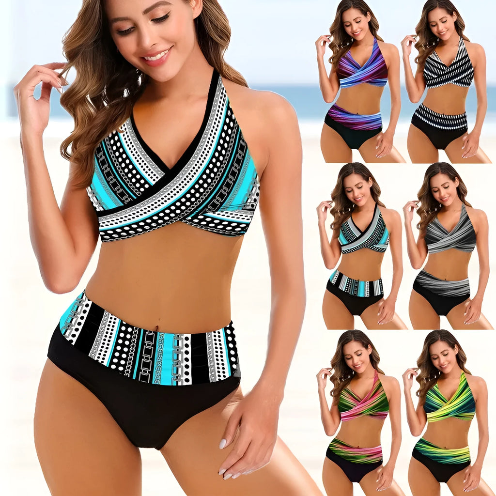 Woman wearing a striped tie-dye bikini with a hollow back and high-waisted briefs.