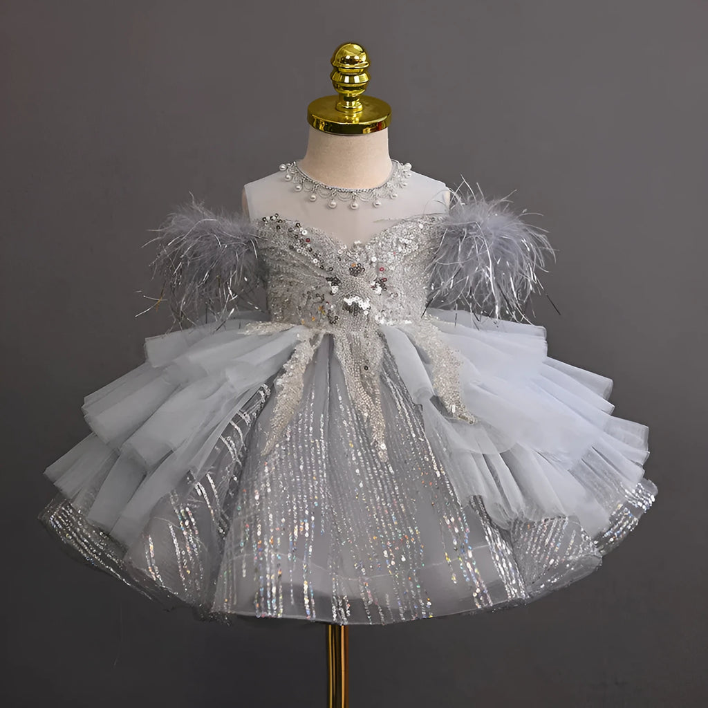 Light grey tulle tutu flower girl dress in polyester with princess element, sizes 80cm to 150cm