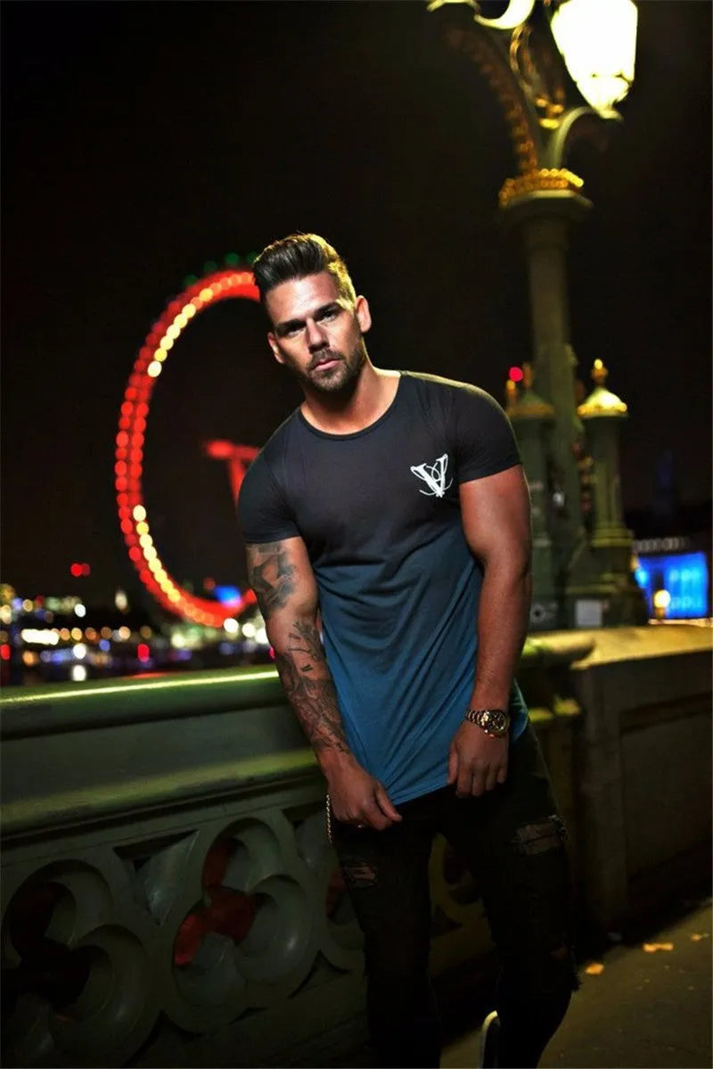Cotton muscle fitness top in black yellow, black red, black blue, or white, sizes M to XXL