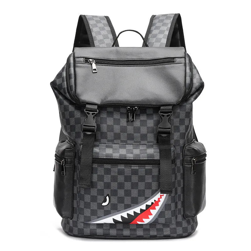 Korean casual checkered pattern large capacity backpack in black PU leather.