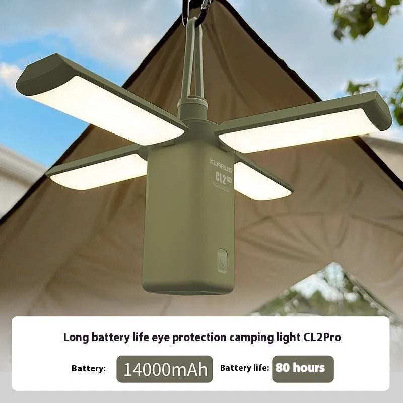 White and green rechargeable LED camping lantern with USB charging cable