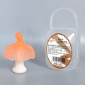 Small pink and translucent nano mushroom-shaped silicone chew toys with transparent storage boxes and chains.
