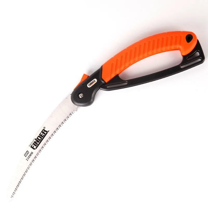 A folding garden hand saw with a 230mm steel blade and black TPR grip, shown both open and closed.
