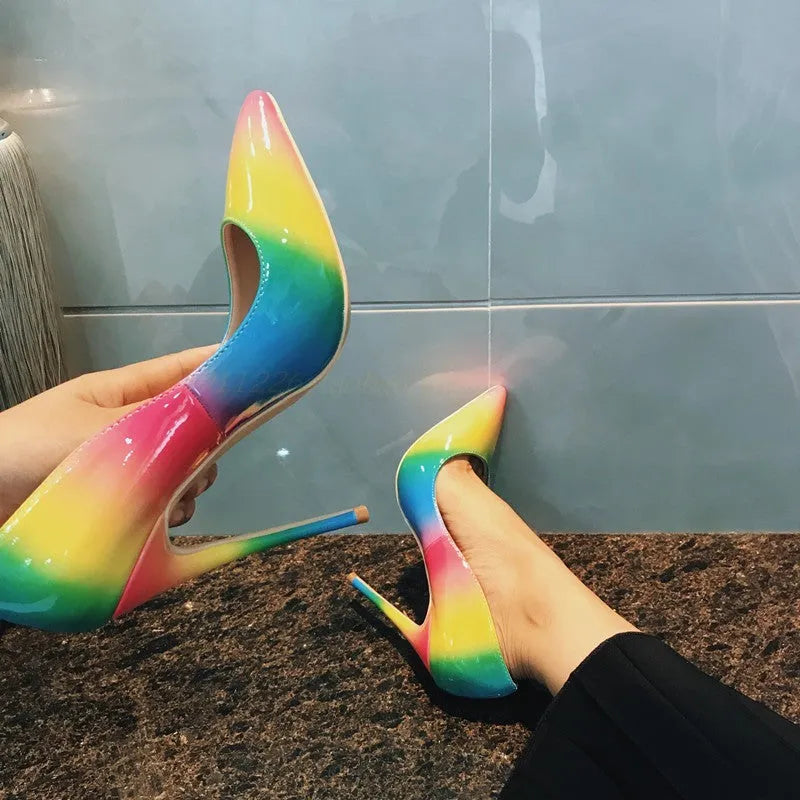 Rainbow patent leather women's stiletto heels with pointed toe and ultra-high thin heel.