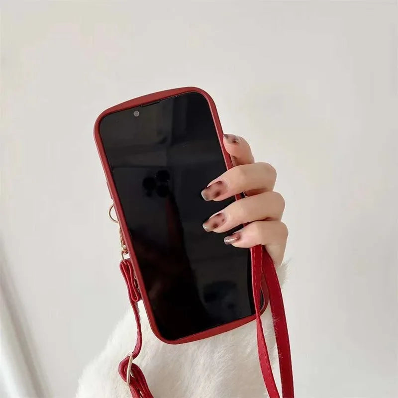Red TPU crossbody card holder phone case with lanyard for iPhone, red diamond plaid pattern