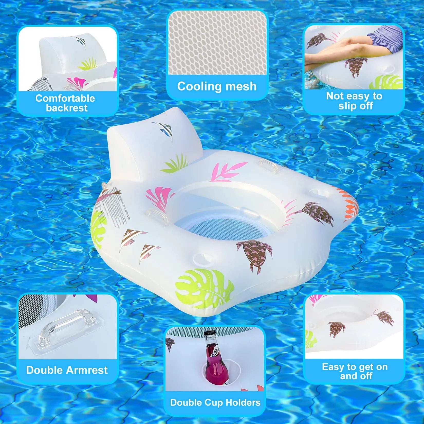 White luminous U-shaped inflatable pool float on water.