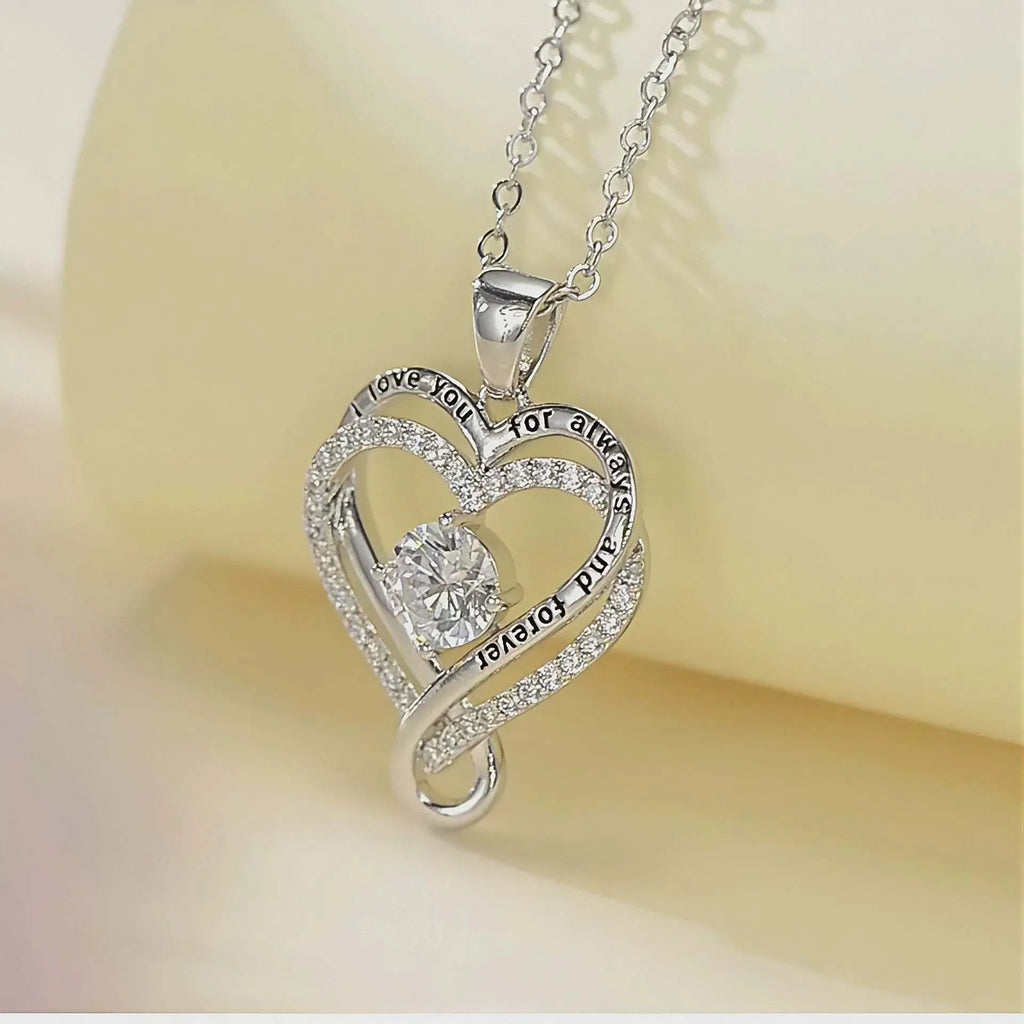 Heart of Eternity double-layer love necklace with micro-inlaid heart pendant in silver or gold colour option.