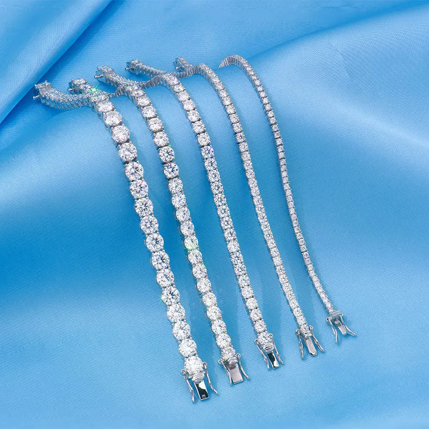 Full set moissanite S925 silver bracelet with square and hexagonal star motifs in platinum finish on a white background