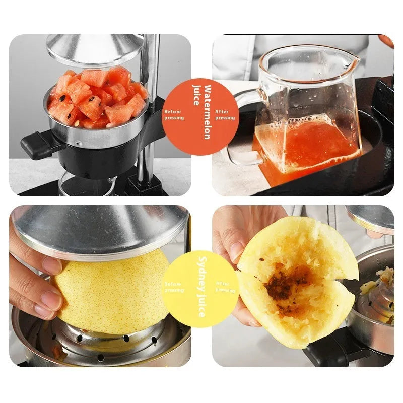 A tall black cast iron manual citrus juicer with a stainless steel strainer on a kitchen counter.