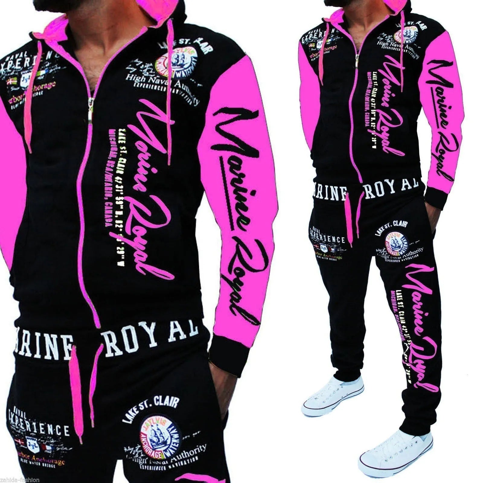 Men's tracksuit 2 piece set with polyester zip top and pants in green, grey, red, yellow, sizes S to 3XL