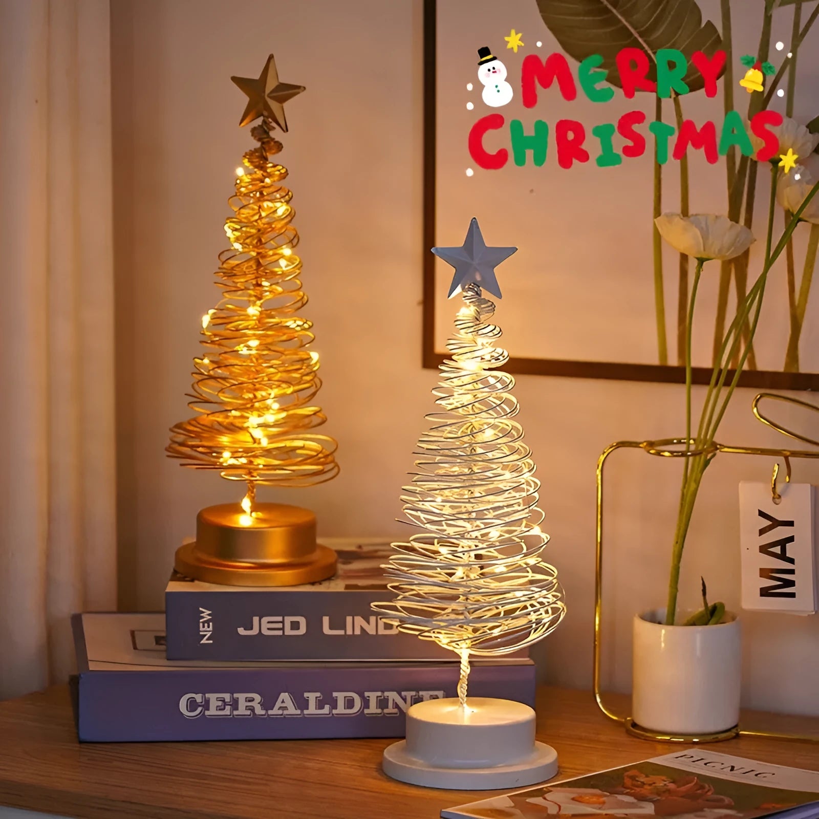 33cm tall wrought iron LED Christmas tree spiral light with warm white lights on tabletop