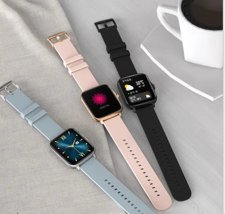 Blue smart sports watch with 1.7-inch touch screen on a wrist, showing a fitness tracking interface.