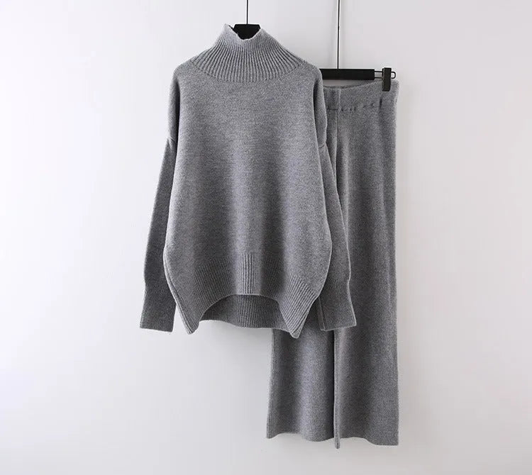 Women’s acrylic fibre two-piece set with long sleeves, wide leg trousers and solid colours