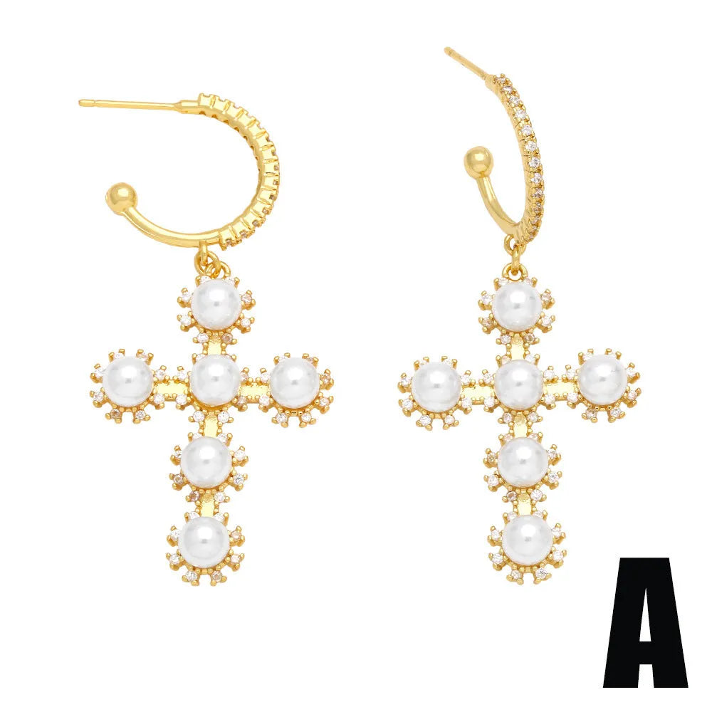 Pearl geometric circle ear clip cross eardrops in copper, pair of earrings for women, colour A and B