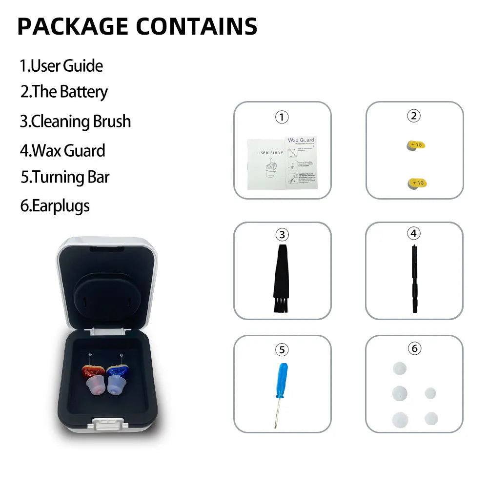 Q10 mini CIC hearing aid in red or blue colour with ear tips and accessories