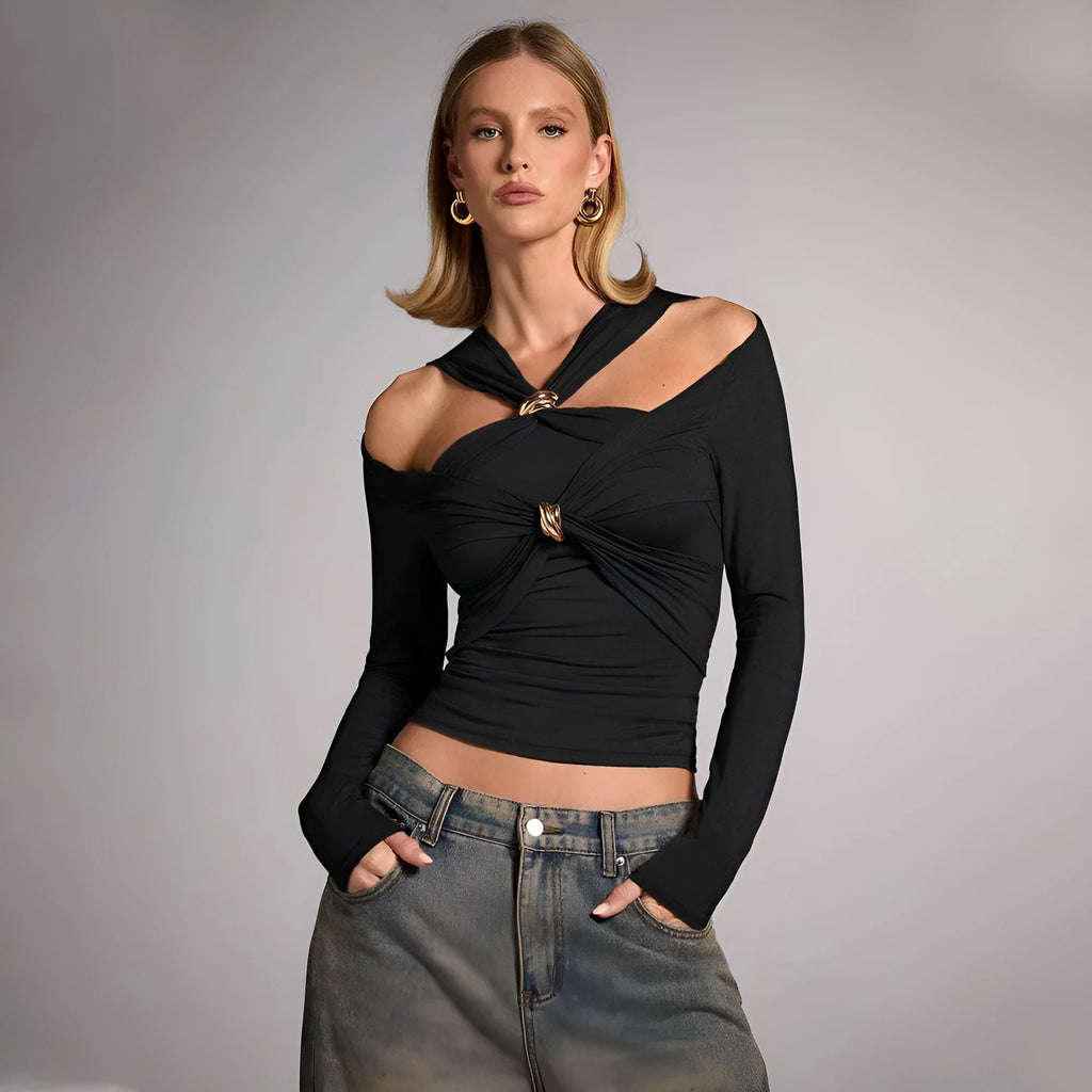 Black women's halter top with long sleeves and a slim fit on a mannequin.