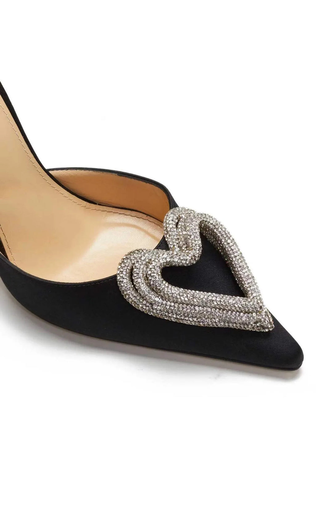 Women's pink satin sandals with heart rhinestone detail and adjustable cross strap.