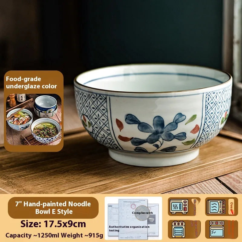 Ceramic hand-painted underglaze colour noodle bowl round 6 inch Japanese style retro soup bowl