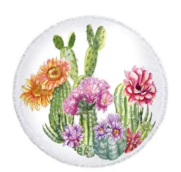 Round microfiber beach towel with oasis cactus pattern in style 1 on sand by the sea