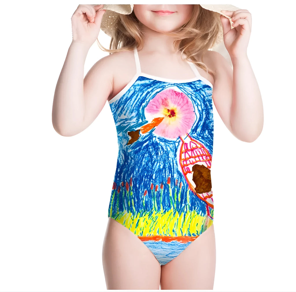 Custom print girls' one-piece swimsuit in polyester spandex cotton blend, lightweight 70g, ages 3 to 8